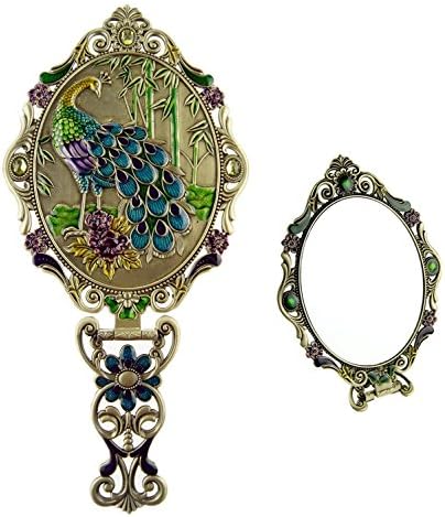 Ivenf Large Size Vintage Metal Oval Make-Up Hand/Table Mirror, Peacock On Rock In Bamboo Forest, Bronze