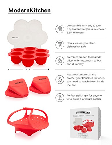 Instant Pot Silicone Accessories Kit: Egg Bites Mold, Vegetable Steamer Basket Rack, Pot Holder Oven Mitts, Pressure Cooker Heat Resistant Dishwasher Safe, Starter Cooking Set, Fits 5,6,8 qt