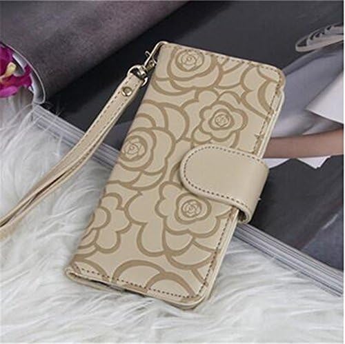 S7 Edge Case, CYZY Flip Wallet Leather [kickstand] [Emboss Flower] Magnetic Protective Cover with Card Slots Detachable Wrist Strap for Samsung Galaxy S7 Edge 5.5 Inch (Beige)