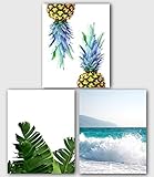 Pineapple, Banana Leaf, Sea Surf Prints, Set of 3 Tropical Decor, 8 x 10 Inches, Unframed