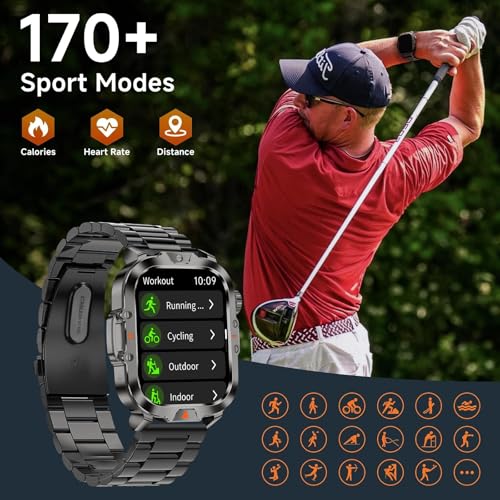 Uniiking® Military Smart Watches for Men, 2.01" Rugged Tactical Smartwatch with LED Strong Light, 400mAh, IP68 Waterproof Fitness Tracker with Compass, 100+ Sports Modes for Android iOS (2 Straps)