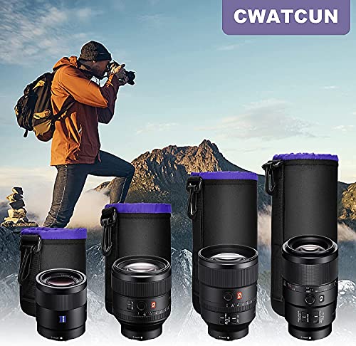 Cwatcun 4 Pack Lens Pouch Set, Camera Lens Case Bag with Thick Protective Neoprene, for Canon Nikon Sony Pentax Olympus Panasonic Fuji Sigma DSLR SLR Camera Lens (Size Small, Medium, Large, X Large)