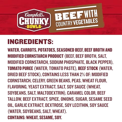 CAMPBELL’S CHUNKY SOUP, BEEF SOUP WITH COUNTRY VEGETABLES, 15.25 OZ MICROWAVABLE BOWL