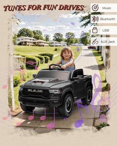 First Ride On 12v Licensed Ram 1500 Rho Kids Ride on Car, Ride on Toys w/Parent Remote Control, Electric Car for Kids with Smooth Start, Truck Bed Storage, 3 Point Safety Belt, Bluetooth(Black)