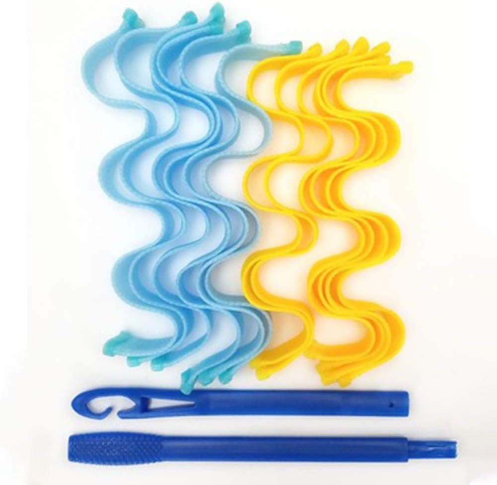 Magic Long Hair Curlers Curl Formers Spiral Rollers Styling Tool Magic Curlers with Hook Heatless Wave Formers Magic DIY Hair Curler (Blue & yellow)
