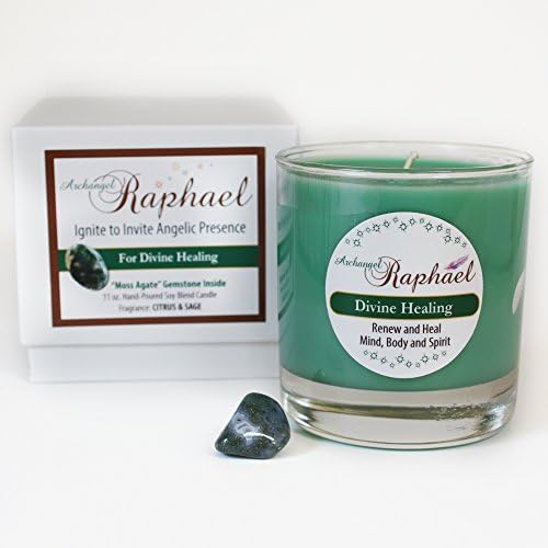 Archangel Raphael Crystal Healing Candle / Arch Angel Moss Agate Gemstone Prayer Candle