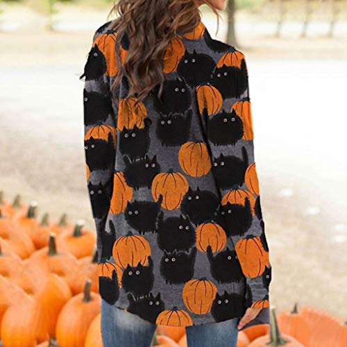 Women\'s Halloween Cardigan Casual Cat Pumpkin Animal Print Long Sleeve Open Front Loose Plus Size Outerwear Autumn