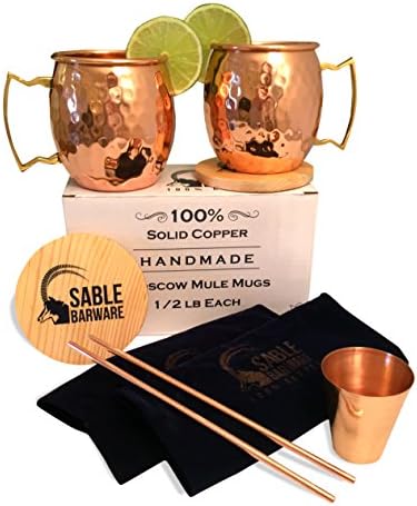 Moscow Mule Mugs Gift Set - 1/2 lb Each Solid Unlined Copper + Straws, Coasters & Shot By Sable Barware - 2 - 16oz Handmade Hammered Engraved Cocktail Drinking Mugs