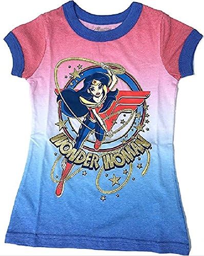 DC SuperHero Girls Wonder Woman Lassoing Large Graphic Ringer Shirt Glitter Accents (XL (14-16))