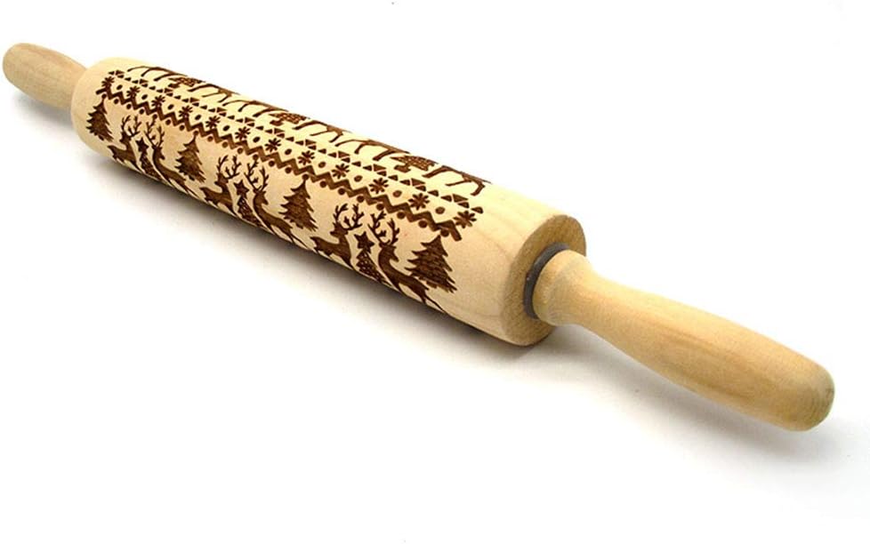 PEATOP Christmas Rolling Pins Engraved Embossed Wooden Rolling Pin Kitchen Tool with Christmas Deer Pattern for Baking Cookies(41cm /16 in)
