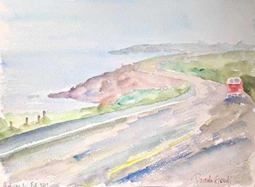 Red VW Van Highway 1, Foggy Day in Cambria, Central Coast of California, 12 by 9 inches - Original Watercolor Wall Art - Hand Painted
