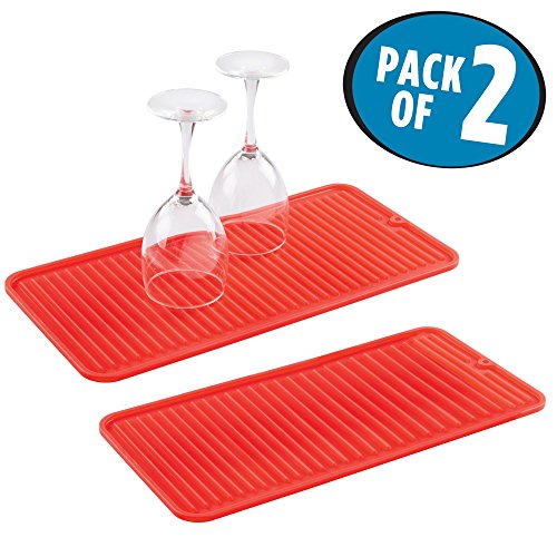 mDesign Silicone Dish Drying Mat and Protector for Kitchen Countertops, Sinks: Ribbed Design, Heat Resistant, Dishwasher Safe, BPA Free - Pack of 2, Small, Red