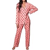 TUWIXIUW Cute Heart Pajamas Set for Women Satin Silk Loungewear Long Sleeve Button Up Shirts and Pants Sleepwear Set