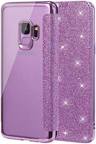 Snewill Compatible Galaxy S9 Case,S9 Case,Glitter Shiny Bling Slim PU Leather Folio Flip Case with Card Slot & Clear Soft TPU Back Cover for Samsung Galaxy S9 -Bling Purple