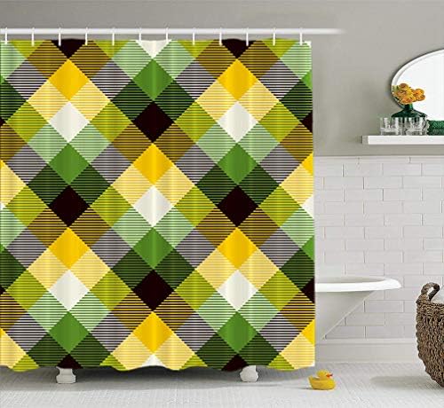 LILYMUA Fabric Shower Curtain Tartan Black Green Yellow and White Color Plaid Shirt Trendy Tiles Bathroom Shower Curtains for Bathroom Hotels Set of Hooks Mold Proof Water 72X72 Inches