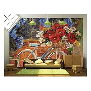 Oil Painting on Canvas - Flowers Near a Wall, Bike with a Bouquet of Flowers, Outdoor, Medieval - Removable Wall Mural | Self-Adhesive Large Wallpaper - 66x96 inches