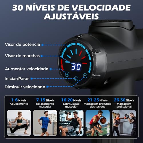 Pistola de Massagem YARUIKE, Massageador Muscular Elétrico Portátil com 10 Acessórios e 30 Velocidades, Preto