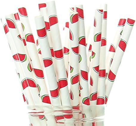 Watermelon Party Straws (25 Pack) - Pool Party Supplies, Red Fruit Paper Straws, Kids Birthday Party, Beach Party Decorations, Straws with Watermelons, BBQ Supplies, Picnic Straws