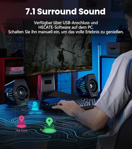 G2000 Pro 2.0 RGB Gaming-Lautsprecher mit 64 W Spitzenleistung, 270° TempoFlow™ Light Sync, Virtual 7.1 Surround Sound - Bluetooth 5.4/USB-C/AUX für PC, PS5, Schwarz