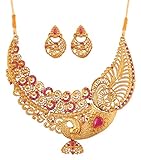Touchstone Indian Bollywood White Rhinestone Fuchsia Pink Ethnic Wire Work Pretty Peacock Motif Bridal Designer Jewelry hasli Necklace Set for Women in Antique Gold Tone