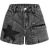 Nivne Tco Tween Girls Denim Shorts Streetwear Fashionable Embroidered Zipper Fly Black Jean Shorts with Pockets