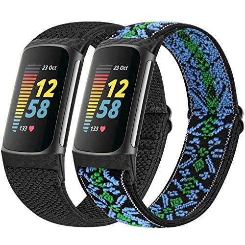 Vodtian Elastic Straps Only Compatible with Fitbit Charge 6/ Charge 5 Strap, 2 Pack Stretchy Adjustable Nylon Loop Braided Replacement Sport Wristband for Charge 5/Charge 6 Activity Tracker Women Men — image 1