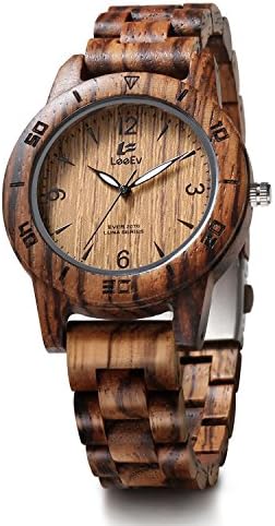 LeeEv EV2076 41.5 mm Luxury Natural Zebra Sandal Wood Watch Quartz Light Weight Vintage Wooden Wrist Watch (EV2076C)
