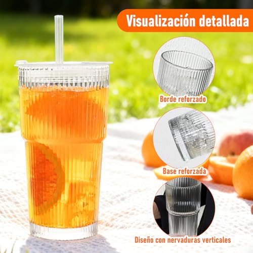 4 Piezas Vasos de Cristal de 550ml, Vaso de Vidrio con tapa y popote, para café/batidos/cócteles y jugos/vasos/Whisky/Capuchino