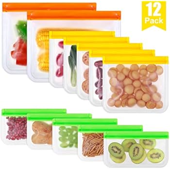 Reusable Storage Bags, Funbiz 12 Pack Reusable Plastic Bags (2 Ziplock Gallon Freezer Bags + 5 Leakproof Reusable Sandwich Bags + 5 Thick Reusable Snack Bags)BPA Free Reusable Food Bags for Meat Fruit