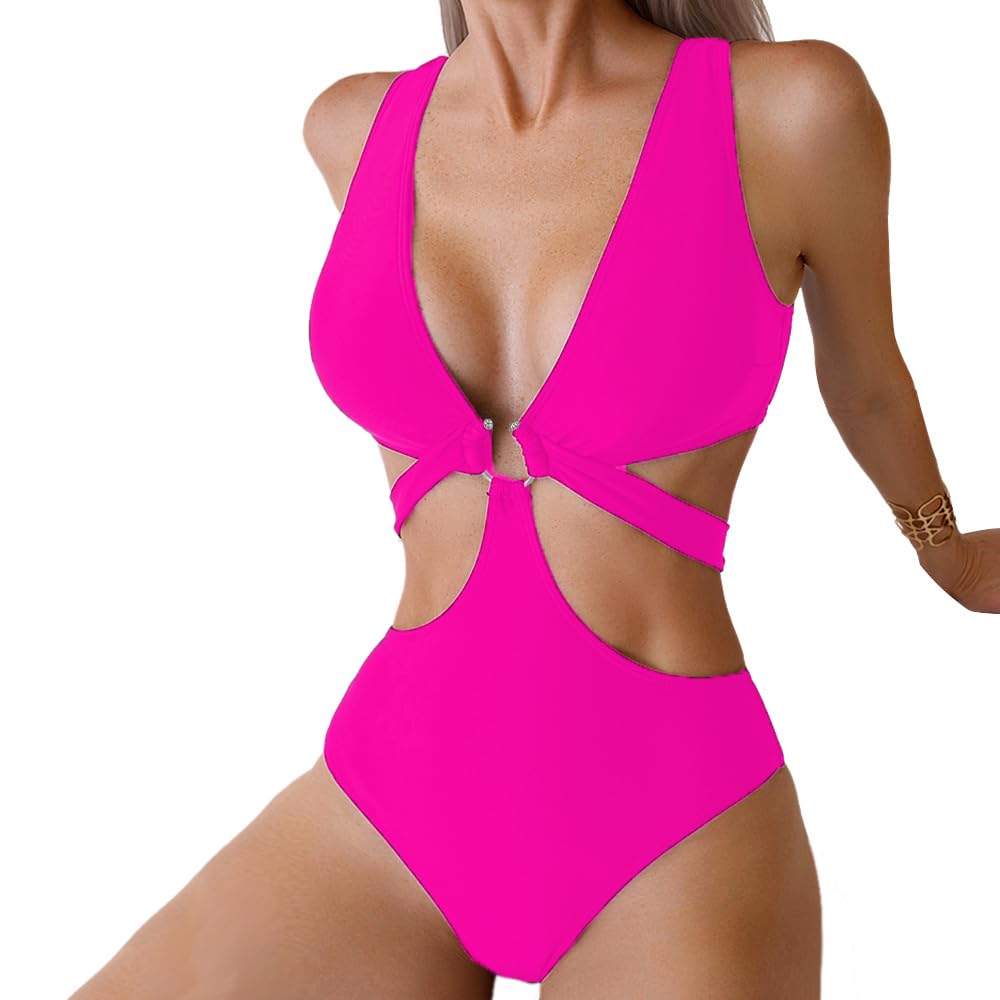 Photo 1 of Favnac Women's Deep V Neck One Piece Swimsuit Sexy Cut Out Bathing Suit O-Ring Swimwear Hot Pink Large