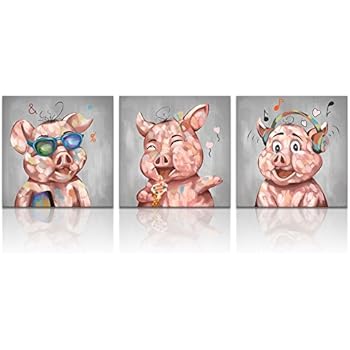 Visual Art Decor Animals Painting Funny Eating Ice Cream Pig Glasses Piggy and Listen Music Pig Picture Canvas Prints Gallery Wrap Modern Artwork for Living Room Bedroom Decoration (12