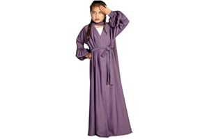 ODIZLI Kids Girls Muslim Abaya Long Sleeve Snap Front Maxi Dress with Belt Robe Kimono Dubai Hijab Dress