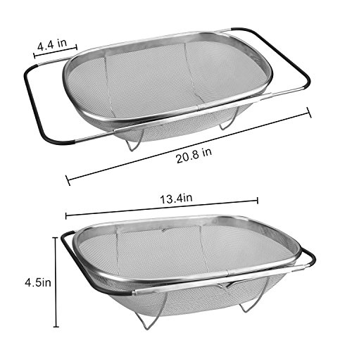 Premium Quality Over the Sink Micro Perforated Colander,Samshow Stainless-Steel Sink Straine with Fine Mesh 6 Quart Strainer Basket & Expandable Rubber Grip Handles for Strain, Drain, Rinse Fruits, - Thumbnail 3