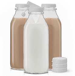 JoyJolt Glass Milk Bottles with Lids and Pourer