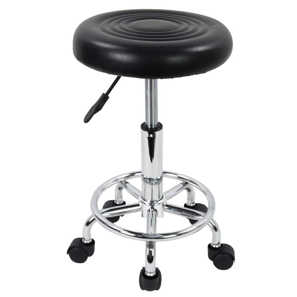 KKTONER PU Leather Modern Round Rolling Stool with Footrest Height Adjustable Spa Drafting Salon Tattoo Work Massage Stools Task Chair Small (Black): Furniture & Decor