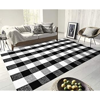 [Egyptian Cotton Tree] 100% Hand-Woven Cotton Large Black & White Washable Rugs, Plaid Area Rug/Runner Rug/Washable Checkered Rug for Kitchen/Door Way/Laundry(67