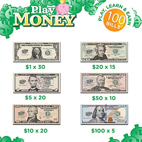 Learn & Climb Play Money Bills Set for Kids - 100 Bills $1, $5, $10, $20, $50, $100 Dollar Bills for Pretend Play, Counting and Math