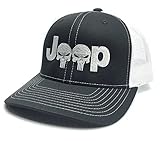 Jeep Logo With Punisher Skull Symbol Embroidered Mesh/Twill Cap (White/Charcoal)
