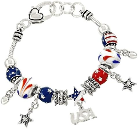 Patriotic Charm Bracelet BJ Murano Glass USA America Red White Blue Silver Tone