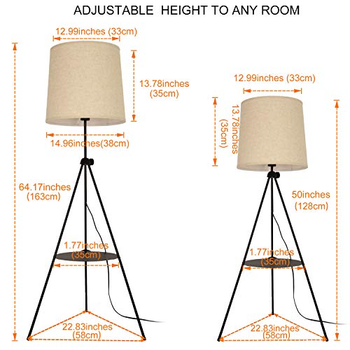 LUSTORM 1 Tripod Floor Lamp Black with Shelves Beige Linen Lampshade
