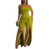 WOKANSE Women's Elegant 2 Piece Outfits Summer Off Shoulder Tube Crop Top and High Waist Split Wide Leg Pants Sets