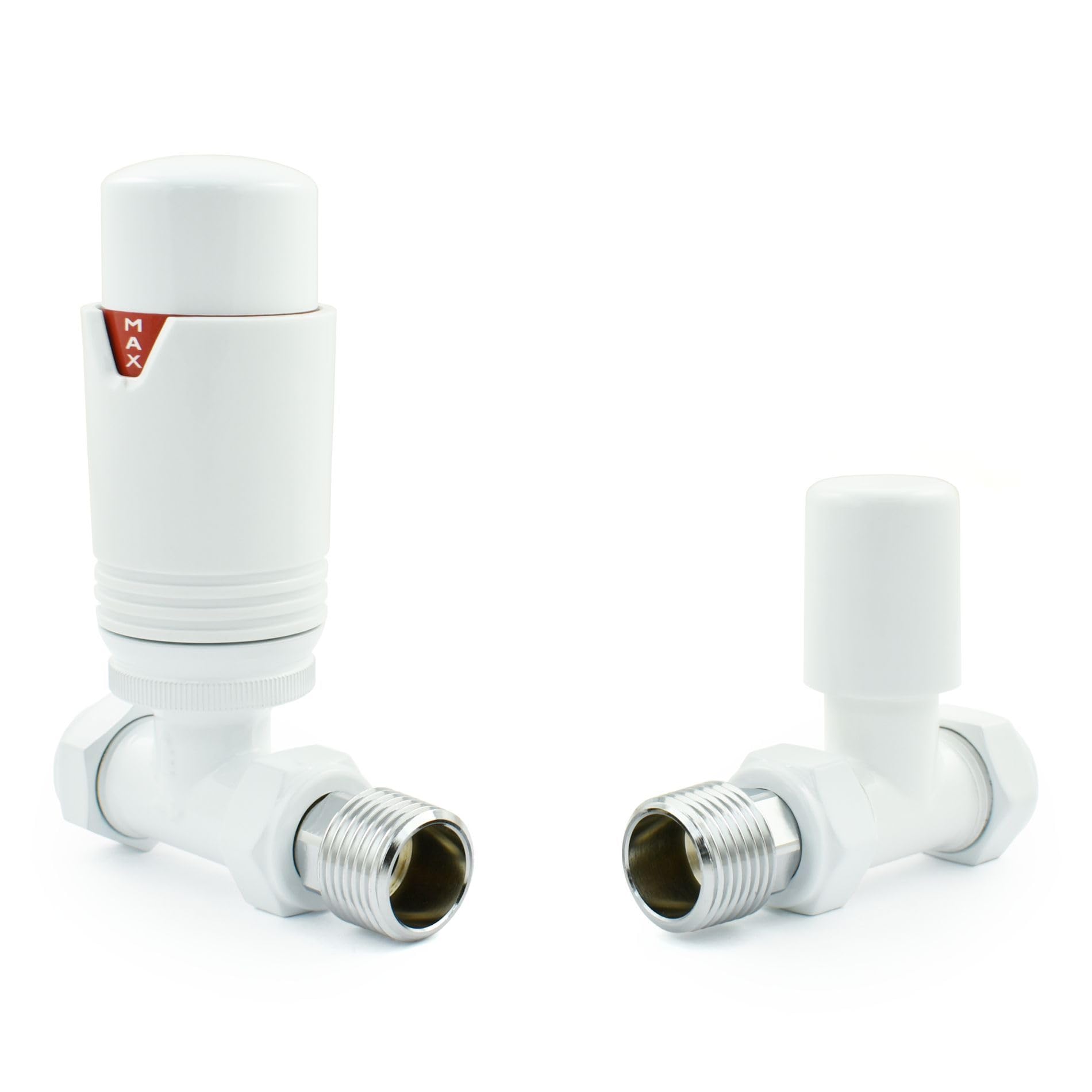 Hot Flow All-White Estuary Straight TRV Thermostatic Radiator Valve (Pair) Includes Straight TRV Body, Wheel Head & Lock Shield for Quick & Easy Temperature Control. Perfect for Energy Saving.