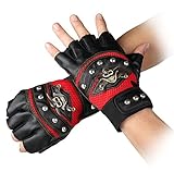 Steampunk Gothic Gloves Mens Vintage Geuuine Leather Captain Fingerless Mittens (Red)