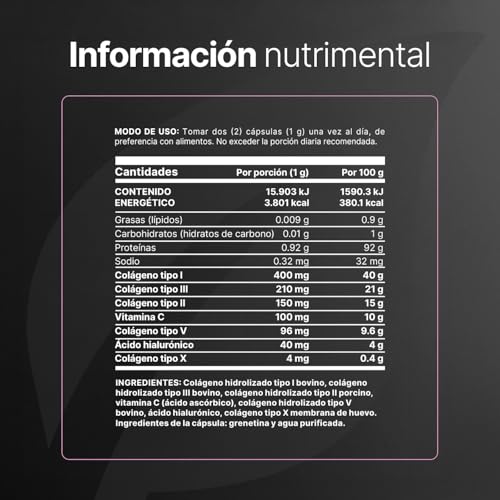 Colágeno Hidrolizado Tipo I, II, III, V y X | 200 Cápsulas 1000 mg por porción | Adicionado con Vitamina C y Ácido Hialurónico. Collagen Blend I, II, III, V X. B Life