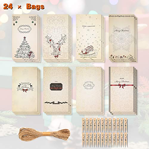 Molbory Bolsas de Regalo Navidad, Calendario de Adviento, Bolsas de Papel Kraft con 1-24 Pegatinas, Decoración Navideña para Fiestas, Ceremonias de Graduación, Bodas, Aniversarios, Navidad