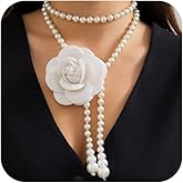 Charm Large Flower Camellia Beaded Pearl Choker Necklaces Statement White Floral Long Tassel Pearls Beads Wrap Y Necklace for Women Trendy Jewelry Gift