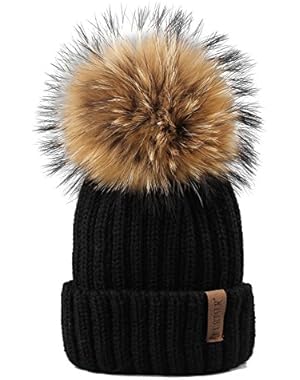 Winter Knit Hat Real Raccoon Fur Pom Pom Womens Girls Knit Beanie Hat