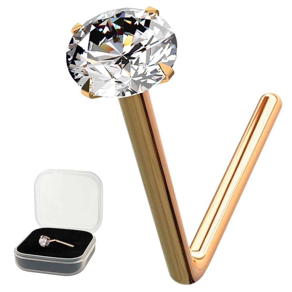 AZARIO LONDON 9K Rose Gold Nose Stud Prong Set 2.5MM Round CZ Stone 22 Gauge L Bend Nose Stud Piercing