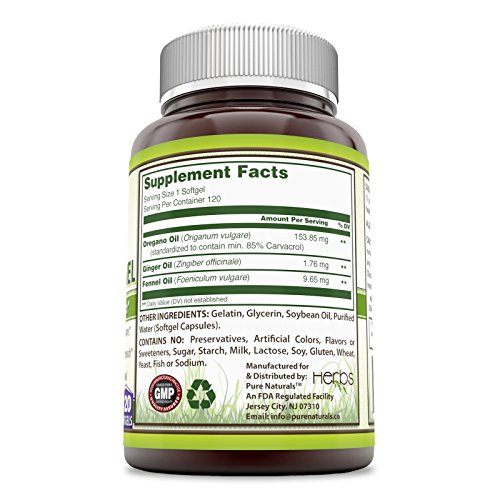 Pure Naturals Oil of Oregano, Ginger Oil & Fennel Oil,120 Softgels - Supports Digestive Functions - Promotes Healthy Intestinal Flora Balance -Helps Soothing Upset Stomach