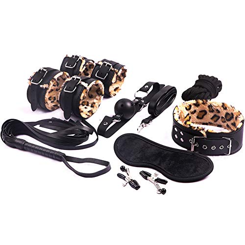 8 Piece Leather Bondage Restraints Set Kit for Bed and Under Bed Sex Play SM Bondage Toy Gear Wrist Cuffs Gags Collar Spanking Nipple Rope Strap On Harness for Women Couples Lesbian Female,Leopard